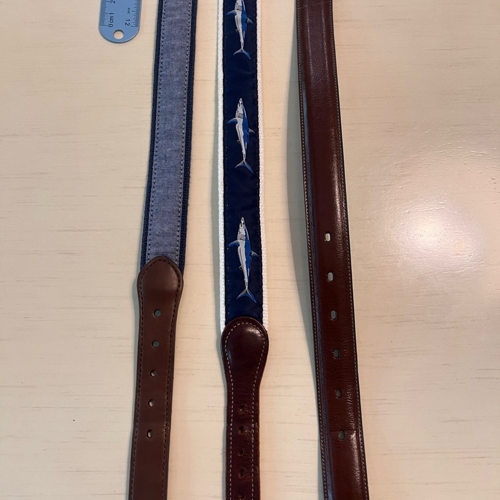 3 youth boys belts blue leather and fish. Middle belt 28in long